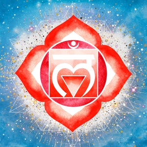 Può includere: Un'illustrazione ad acquerello rossa e bianca del chakra sacrale, noto anche come Svadhisthana, con un simbolo bianco su uno sfondo blu con glitter dorati.