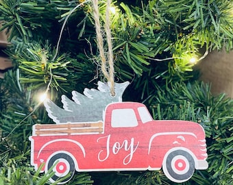 Wooden Red Truck with Tree Ornament