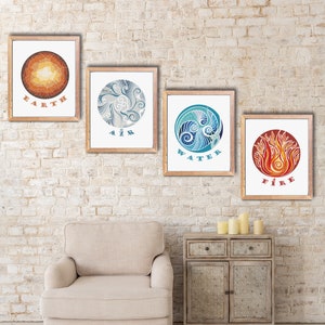 Four Elements Art Print | Air, Water, Earth, and Fire Poster | Set of 4 Elements Wall Art | Digital Sacred Geometry Art|