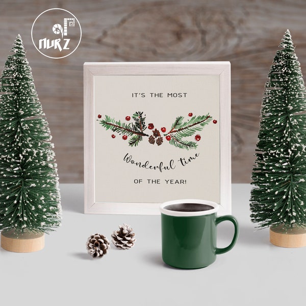 Christmas Quote It's The Most Wonderful Time Of The Year Poster, Watercolor Wall Art, Printable Christmas Decoration Gift