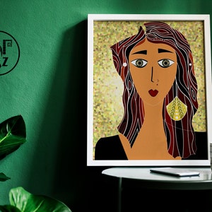 Tonos de terracota línea moderna dibujo / marrón peludo dama con un pendiente verde / abstracta cara línea arte / figura femenina verde