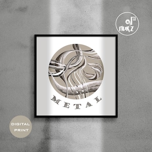 May include: A digital print of a circular abstract design with swirling lines in shades of gray and brown. The word "METAL" is printed below the circle.