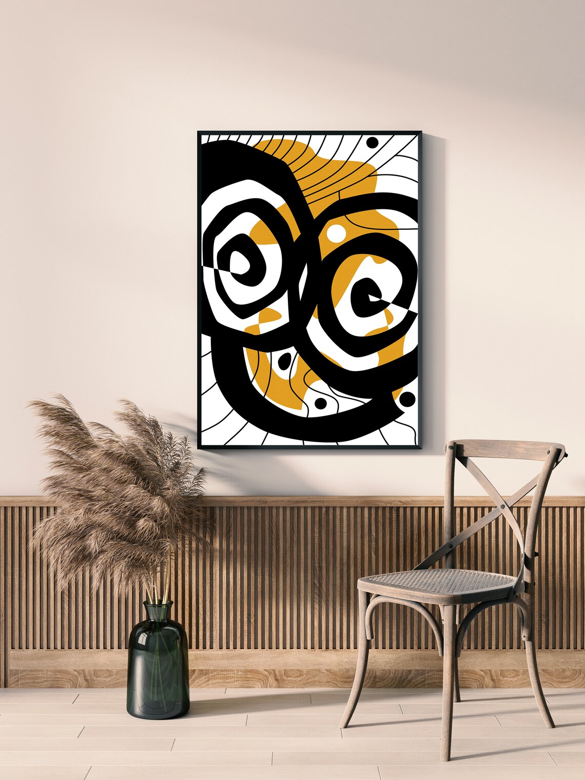 Oversized Black and White Abstract Print | Modern Yellow Geometric Wall ...