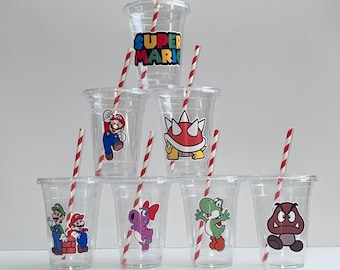 Set of 7 Clear Plastic 16oz, Disposable Mario Cups, Mario Party Decorations,Happy Birthday, Super Mario Cups, Plastic Cups,Kids Birthday,