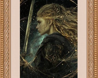The Gilded Comet | Celestial Knight Digital Art | Space Fantasy Warrior Woman | Gold & Black Printable Download