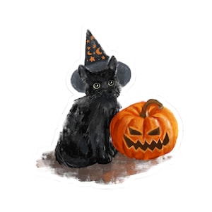 Vintage Retro Halloween Black Cat Witch Pumpkin Art Sticker, Halloween Stickers, Spooky Decor, Cat Lover Gift, Fall Decor, Laptop Decal