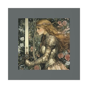Medieval Lady Knight Wall Art Print, Castlecore Floral Uncoated Print, Classical Art Decor, Historical Poster