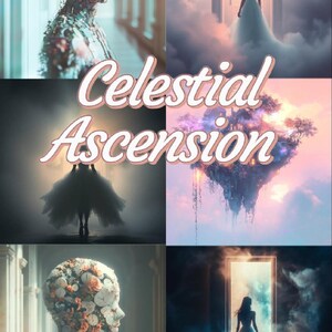 May include: A collage of four images depicting a celestial ascension theme. The images feature a woman in a white gown standing in a doorway, a floating island with a house on it, a woman in a white gown standing in a doorway with smoke, and a figure made of flowers and clocks.