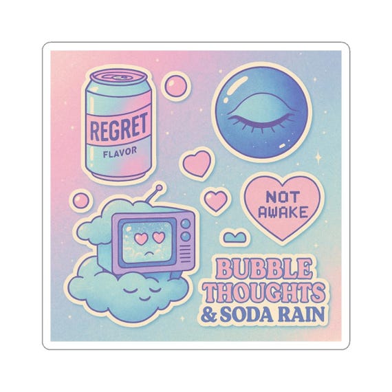 Dreamcore Bubble Thoughts Kiss-Cut Stickers, Soda Rain Soft Aesthetic Art, Pastel Daydream Surreal Sticker Set, Cute Laptop Decals, Planner