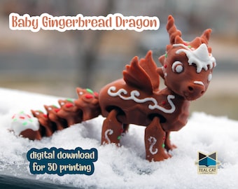 Baby Gingerbread Dragon | 3MF & STL file for 3D Printing | Articulating Flexi Pet | Print in Place Articulated Dragon | Christmas Toy