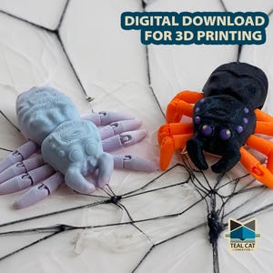 Könnte beinhalten: Zwei 3D-gedruckte Spinnen, eine ist hellblau und die andere ist schwarz mit orangenen Beinen. Die Spinnen befinden sich auf einem weißen Hintergrund mit einem schwarzen Spinnennetz-Muster. DIGITALER DOWNLOAD ZUM 3D-DRUCK.