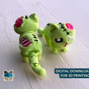 May include: Two green zombie cat figurines with exposed rib cages and brains. The cats have black stitches and white bandages. The text "DIGITAL DOWNLOAD FOR 3D PRINTING" is visible.