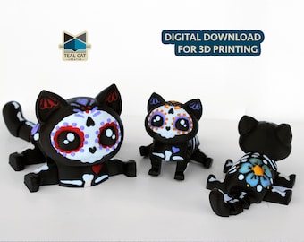 Gato calavera de azúcar de Teal Cat Creative / Archivo STL / Mini colección / Flexi Friend