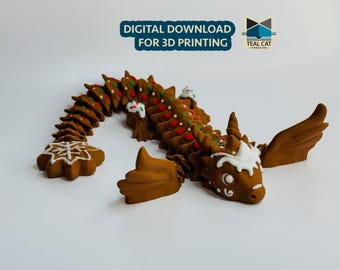 Gingerbread Dragon by TealCatCreative, STL file for 3D Printing. Articulating Flexi Pet. Print in Place Articulated Dragon. Christmas Dragon