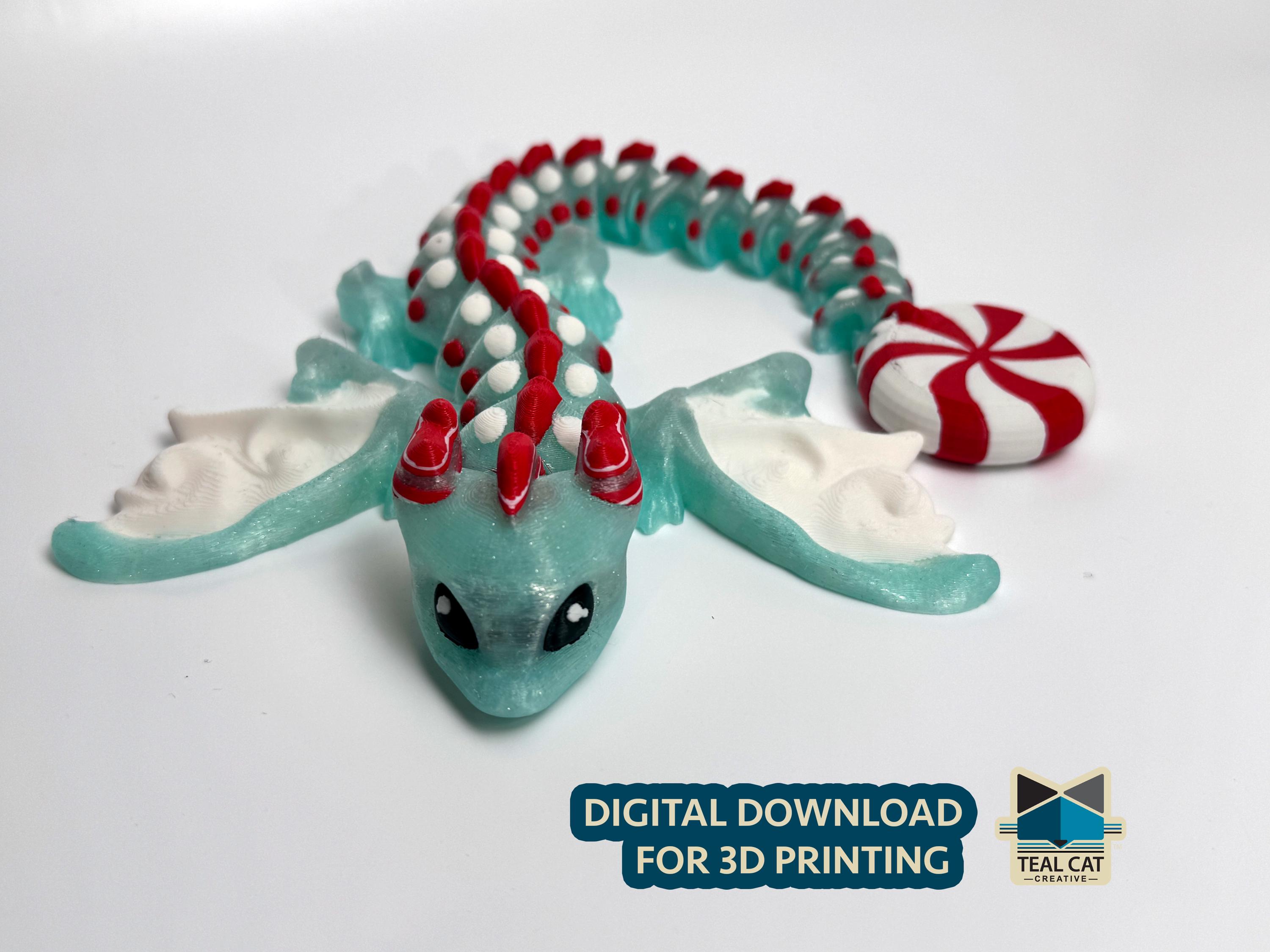 Peppermint Dragon by TealCatCreative, STL file for 3D Printing. Articulating Flexi Pet. Print in Place Articulated Dragon. Christmas Dragon