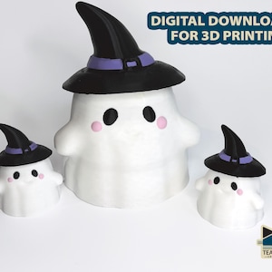 May include: Three 3D printable ghost models with black witch hats and purple bands. The largest ghost has a wide brimmed hat, while the two smaller ghosts have smaller hats. All three ghosts have pink cheeks and black eyes.