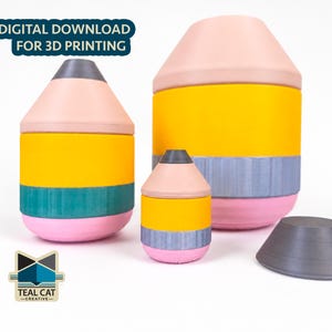 May include: Three pencil-shaped containers in yellow, pink, teal, and grey. The containers vary in size, with a detached grey pencil tip. The text "DIGITAL DOWNLOAD FOR 3D PRINTING" is at the top.