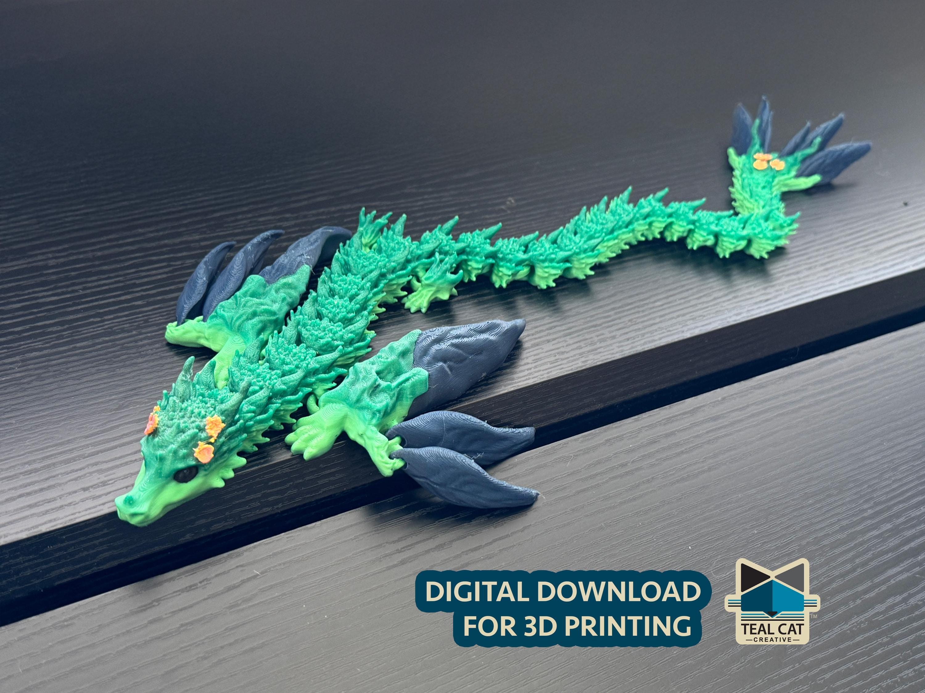 Adult Gaia the Forest Spirit Dragon by TealCatCreative. STL file for 3D Printing, Articulating Flexi Pet | Print in Place Articulated Dragon