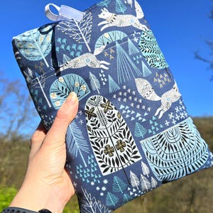 Book Sleeve Arctic Fox, Wood Folk Art Padded Pocket Book Cover, Fox Protective Bag, Fabric dust Jacket Book Cover, Book lover Bookish Gifts