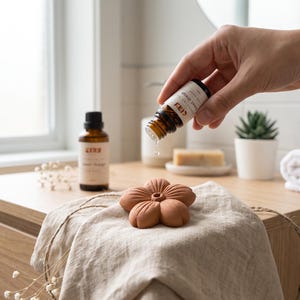 May include: A terracotta-colored flower-shaped ceramic diffuser resting on a beige linen cloth. A small amber glass bottle with a white label is held above, dispensing a single drop of liquid onto the center of the floral diffuser surface.