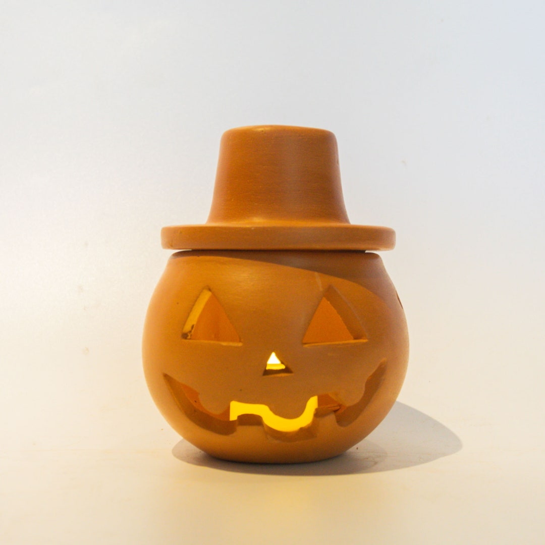 Terra Cotta Jack'o'lantern Pumpkin Candle Holder Halloween Decoration
