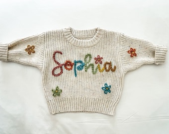 Personalized Hand Embroidered Baby and Toddler Sweater | Oversized Chunky Knit Name Sweater