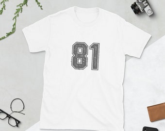 CUSTOM NUMBER. Number 81 Vintage Football Player Lucky Number. Birthday gift idea #81 White Outline Sports Fan Jersey Style. Short T-Shirt