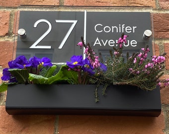 Black Flower Planter House Number Sign