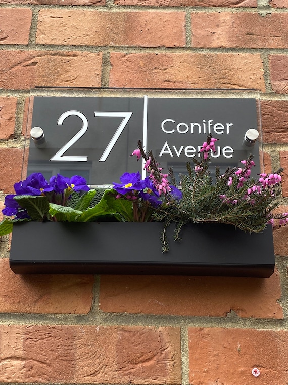 Black Flower Planter House Number Sign