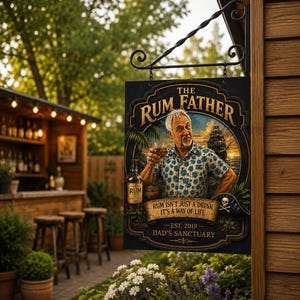 Könnte beinhalten: Ein rechteckiges Hängeschild mit einem Mann in einem blauen Blumenhemd, der ein Glas Rum hält. Der Text lautet THE RUM FATHER, RUM ISN'T JUST A DRINK IT'S A WAY OF LIFE, EST. 2019 und DAD'S SANCTUARY, mit einem Piratenschiff und Totenkopf.