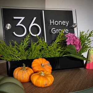 May include: Black acrylic house number sign with white numbers "36" and the text "Honey Grove". The sign is mounted on a black stand with a potted plant in front of it. Three small orange pumpkins are in the foreground.