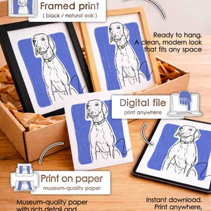 May include: A collection of dog art prints featuring a line drawing of a dog against a blue background. The set includes a black framed print, a natural oak framed print, a paper print, and a digital file displayed on a tablet screen.