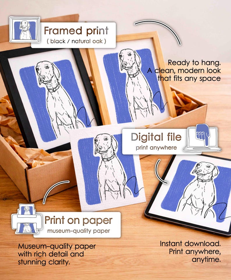 May include: A collection of dog art prints featuring a line drawing of a dog against a blue background. The set includes a black framed print, a natural oak framed print, a paper print, and a digital file displayed on a tablet screen.