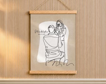 Valentines Gift for Fiancee, One Line Art from Photo on Wood Poster Hanger