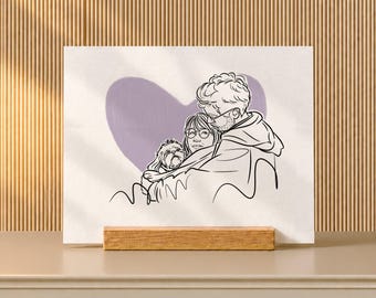 Birthday Gift for Boyfriend, Couple and Dog Line Art from Photo on Oak Desk Stand