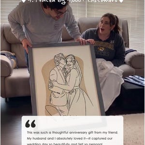 May include: A framed line art portrait of a couple in wedding attire, featuring a black outline drawing on a tan background. The artwork is encased in a grey frame and includes the text 4.9 rated by 4,000+ customers and a testimonial quote.