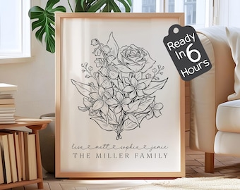 Custom Birth Flower Bouquet Print, Personalized Family Names Line Art Poster, Minimal Floral Wall Decor Gift for Mom Grandma