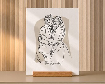 Veiled Bride Line Art on Wooden Stand, Wedding Day Desk Keepsake with Names