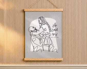 Bridal Shower Gift for Bride, One Line Art from Photo on Wood Poster Hanger