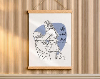 Christmas Present for Girlfriend, Line Drawing from Photo on Wood Poster Hanger