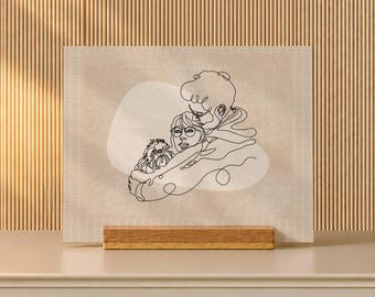 Christmas Present for Husband, One Line Couple and Dog Art from Photo on Oak Stand