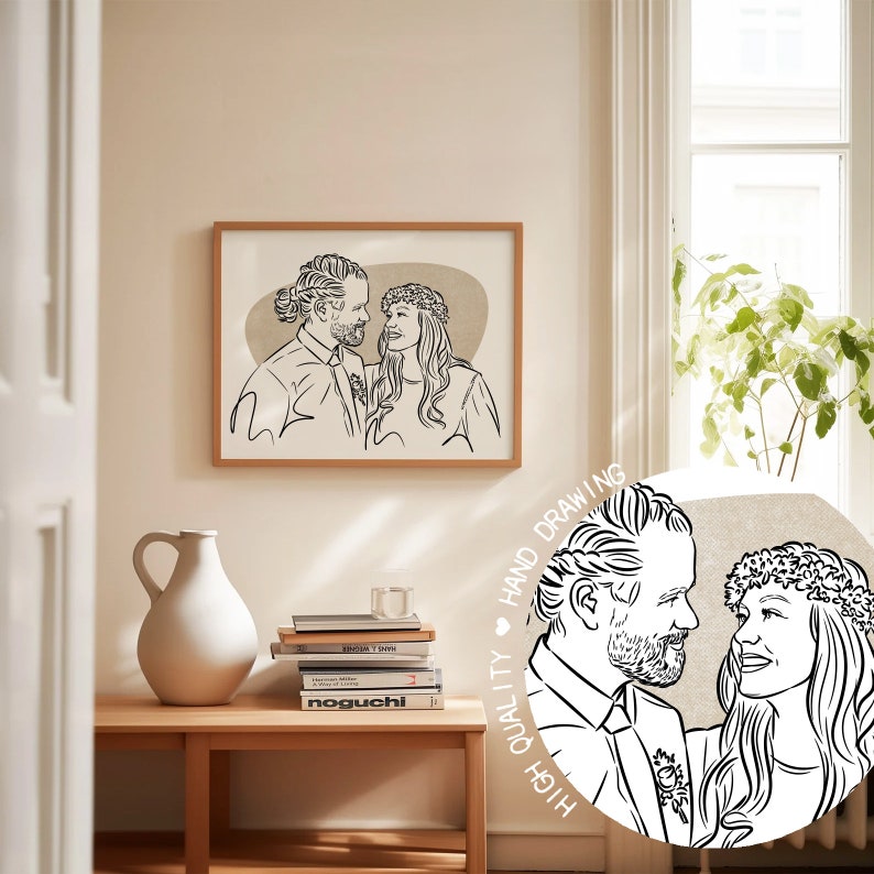 Custom First Anniversary Portrait Unique Engagement Gift, Personalized Couple Line Drawing, Marriage Proposal Art, Birthday & Wedding Day image 2