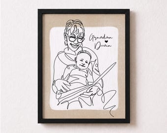 Great Grandma Christmas Gift, One Line Art from Photo, Framed Print with Name