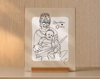 Abuela Mothers Day Gift, One Line Art from Photo with Name on Oak Stand
