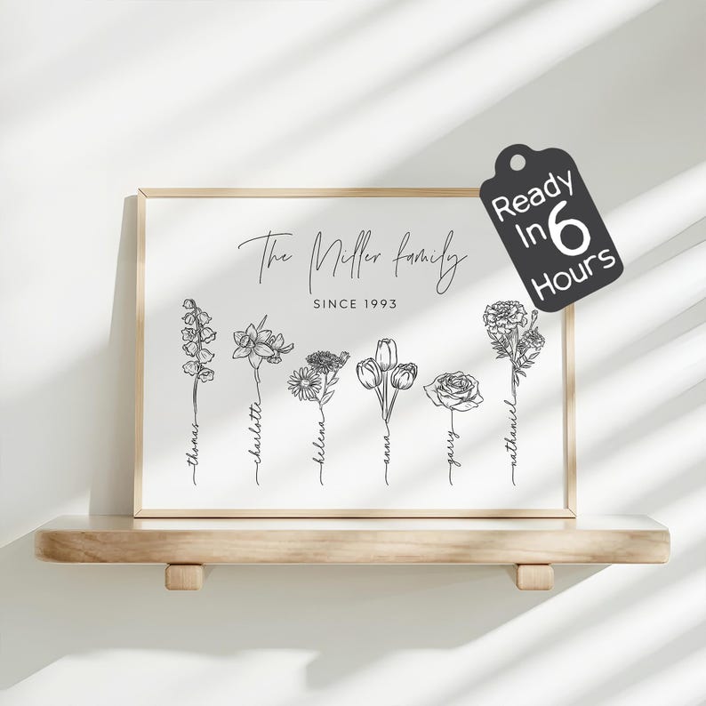 Custom Birth Flower Poster for Mum, Personalized Family Name Bouquet Line Drawing, Minimal Black Botanical Print, Mother’s Day Keepsake Gift bild 4