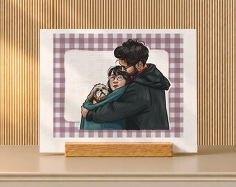 Anniversary Gift for Wife, Couple and Dog Painting from Photo on Oak Desk Stand