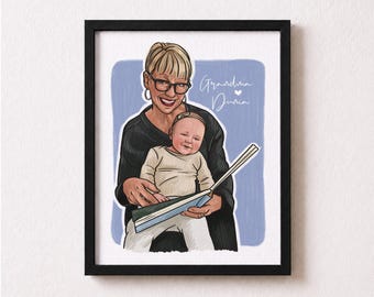 Grandparents Day Gift for Nana, Custom Painting from Photo, Framed Print with Name
