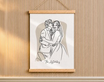 Mr and Mrs Line Art Wall Hanging, Custom Name Poster from Wedding Photo