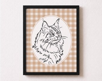 Regalo per la festa della mamma per amanti dei gatti, ritratto personalizzato di gatto da foto, illustrazione in stile line art incorniciata.