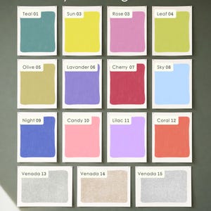 May include: A colour chart displaying fifteen rectangular swatches with labels including Teal 01, Sun 03, Rose 03, Leaf 04, Olive 05, Lavander 06, Cherry 07, Sky 08, Night 09, Candy 10, Lilac 11, Coral 12, Venada 13, Venada 14, and Venada 15.